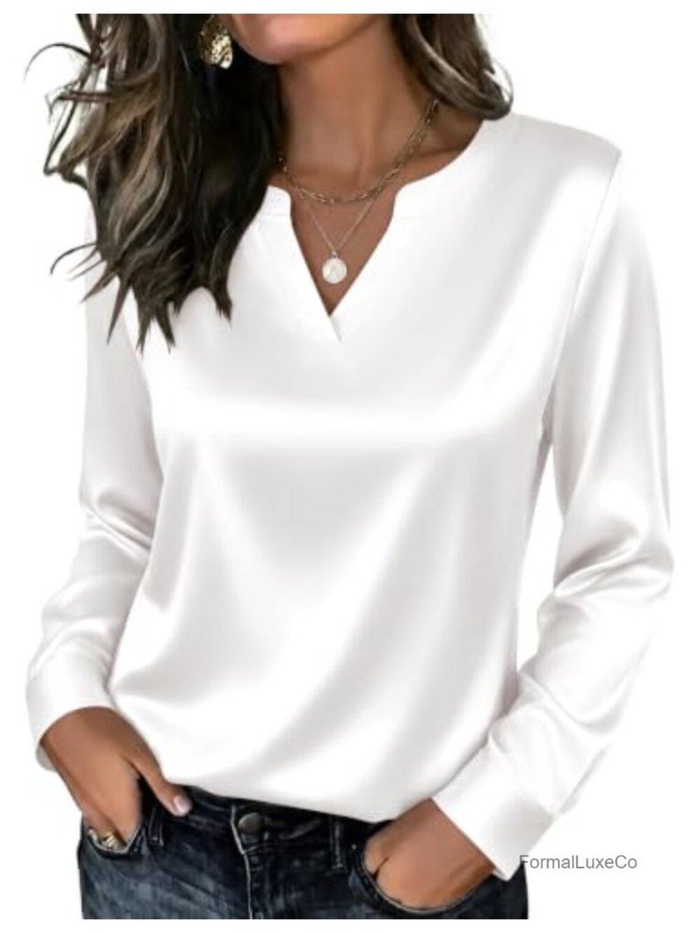 Satin Blouse Long Sleeve V-Neck Button Cuff Women Top Fall